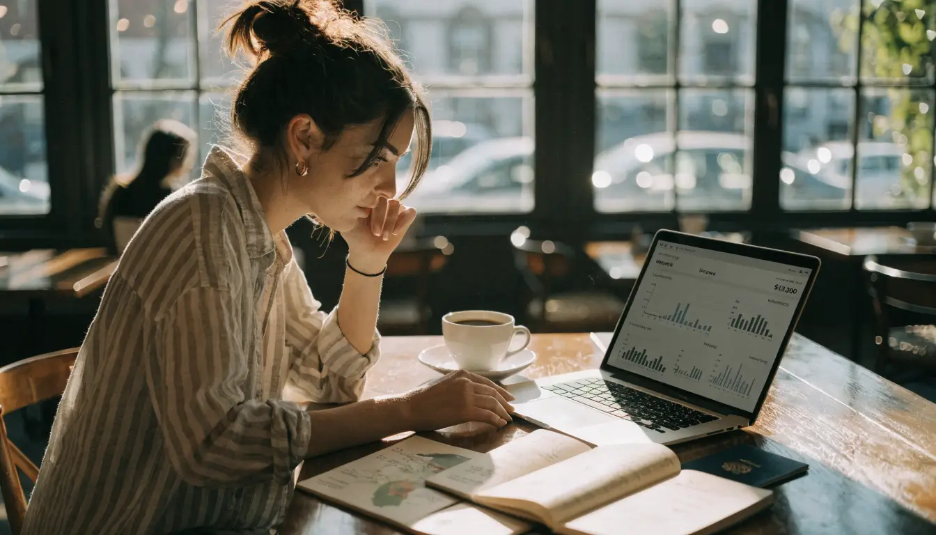 Travel creator reviewing income analytics across multiple revenue streams