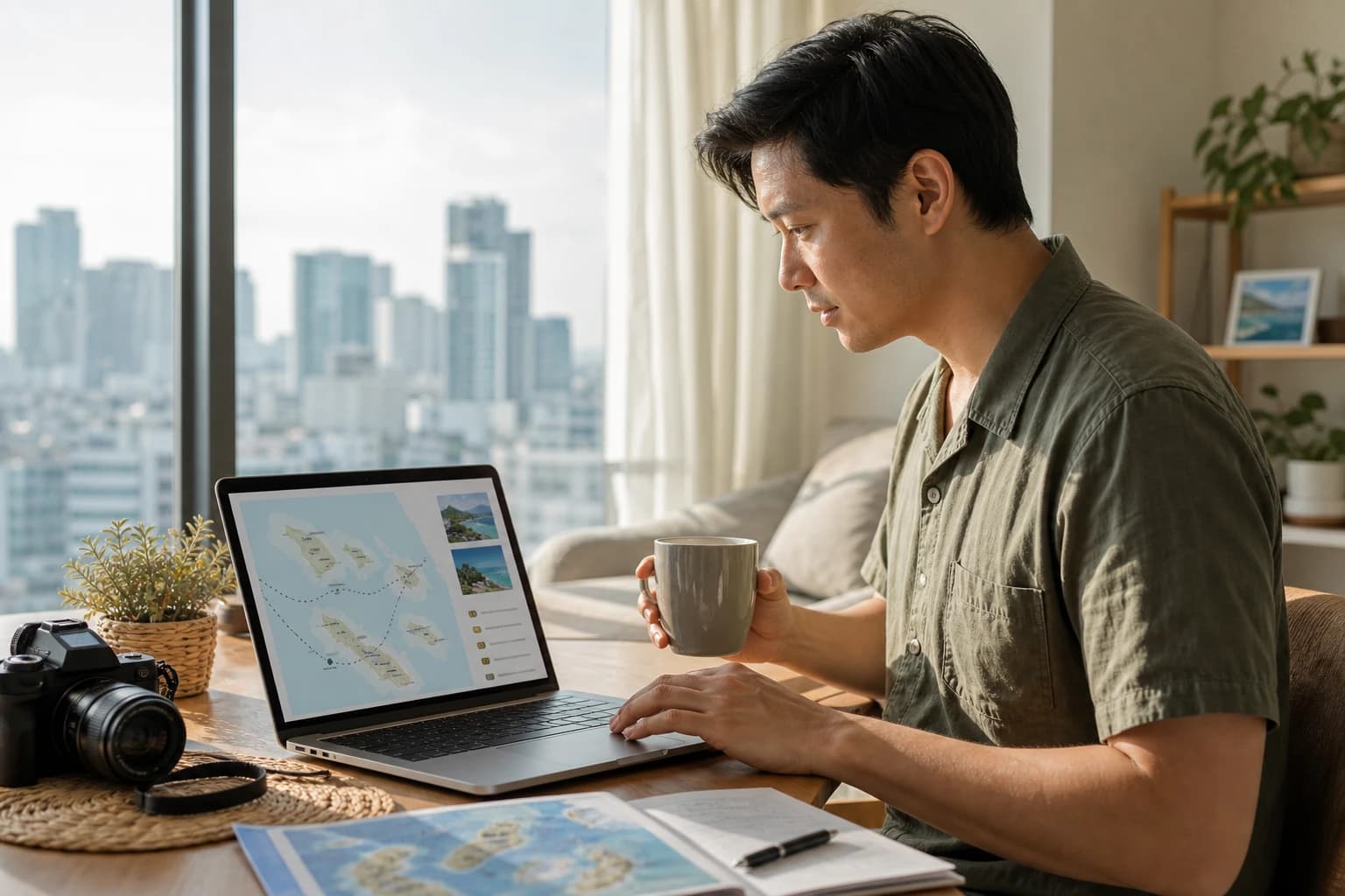 Travel creator in Manila reviewing a travel itinerary on a laptop for a paying client