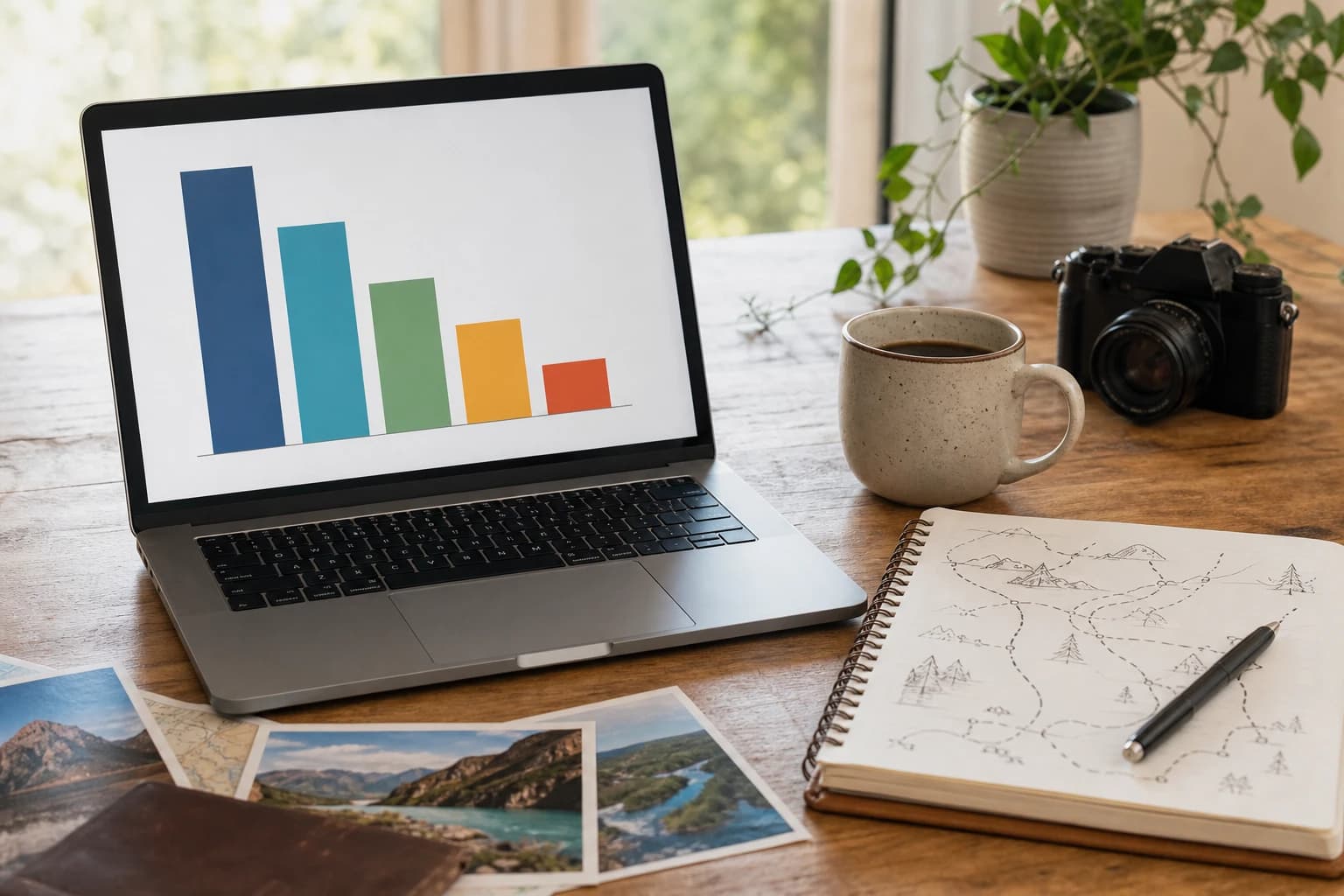 A tidy desk with a laptop showing a simple bar chart, next to a notebook with travel route sketches