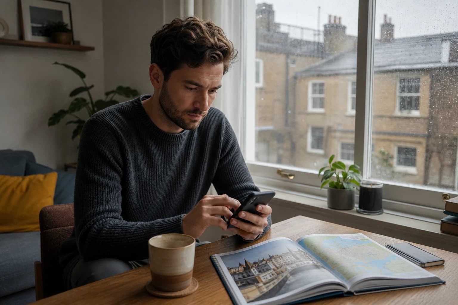 Travel creator in a UK city apartment answering trip-planning messages on a phone