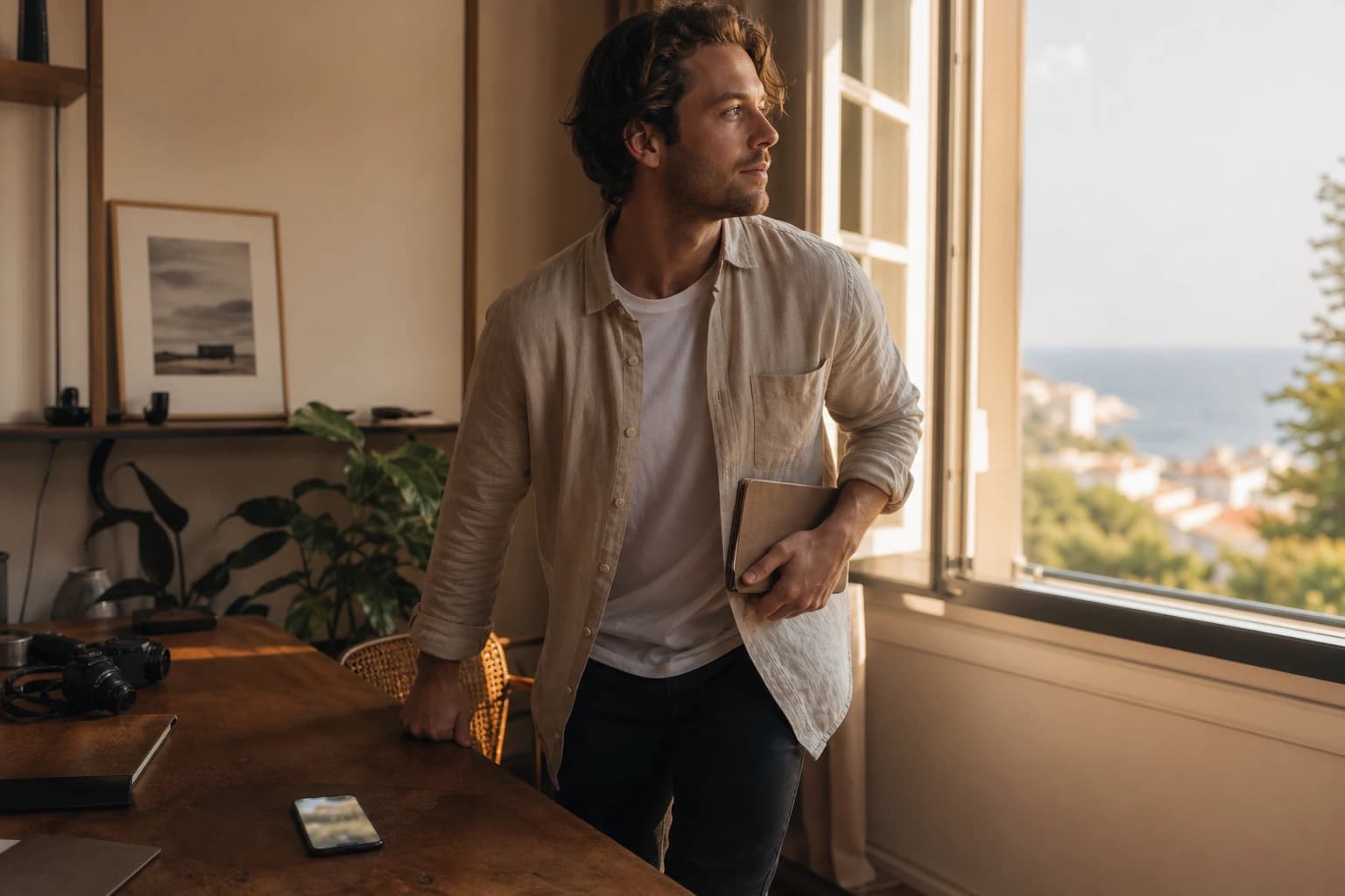 Travel creator stepping away from a phone feed toward a personal newsletter and trip page