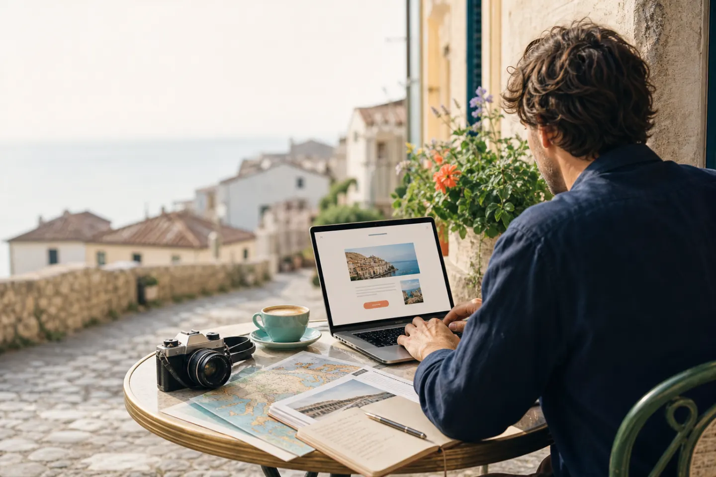 Travel writer composing a destination newsletter in a European cafe
