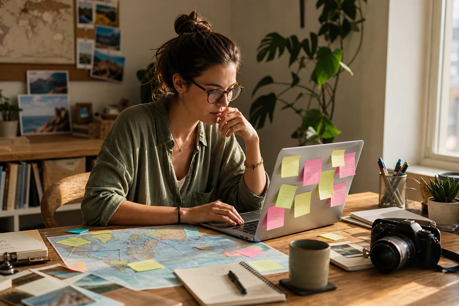 A remote planner working from a laptop with a world map and travel notes, no branded creator identity