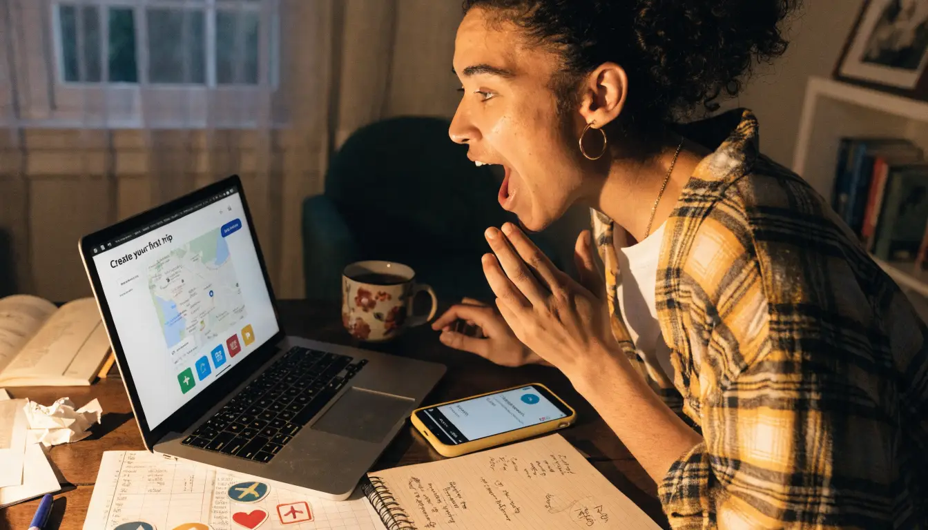 Travel creator setting up their first paid planning service on a laptop