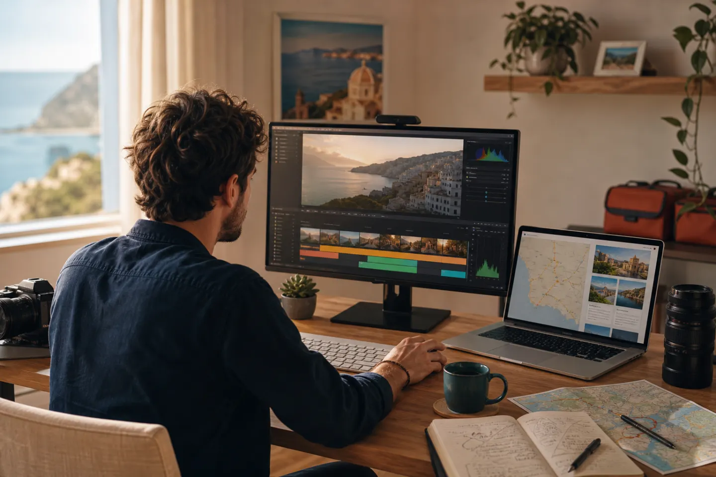 Travel filmmaker editing a coastal video beside a route itinerary