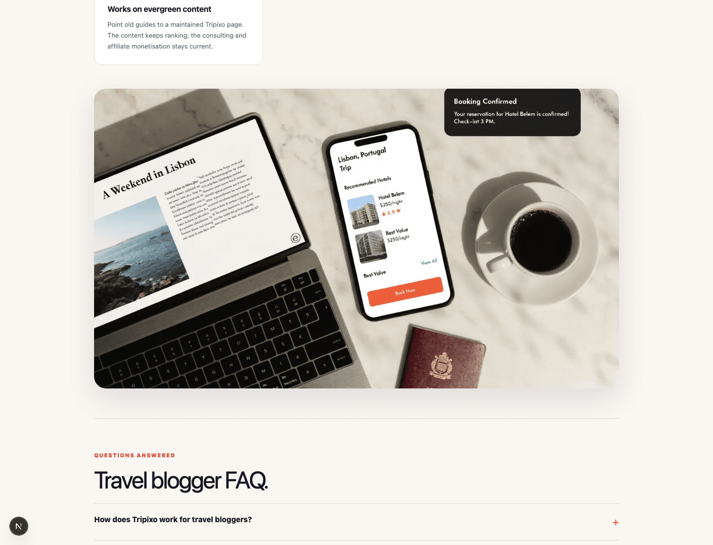 Tripixo destination guide and mobile trip-page booking handoff visual