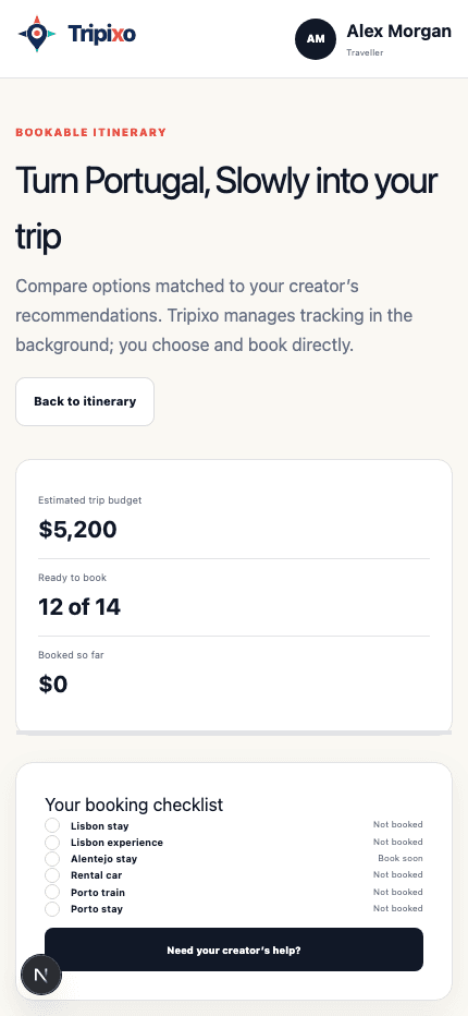 Mobile Tripixo booking view showing trip budget and booking checklist