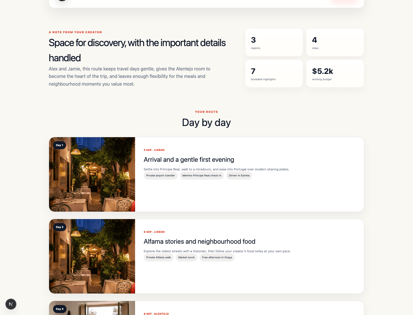 Tripixo interactive trip plan overview with route summary and trip metrics