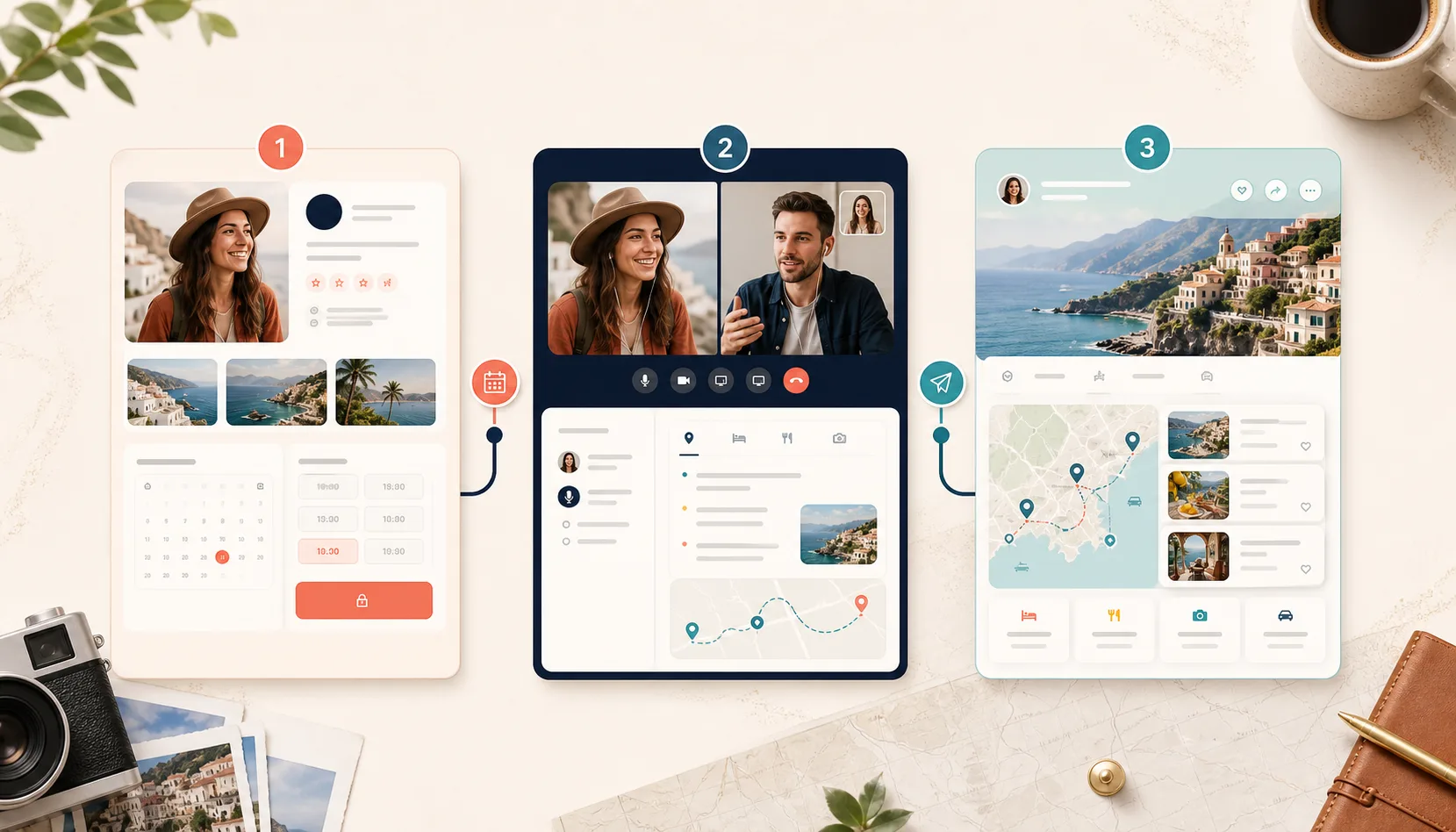 The steps from a creator profile to a paid planning call and the trip page sent afterwards
