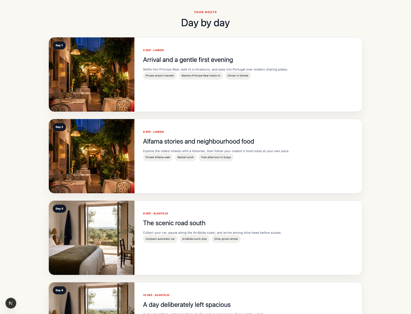Tripixo day-by-day itinerary with destination notes and recommendations